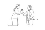 Single continuous line drawing young business man handshake his partner or colleague to deal a project. Business meeting cooperation concept. Dynamic one line draw graphic design vector illustration
