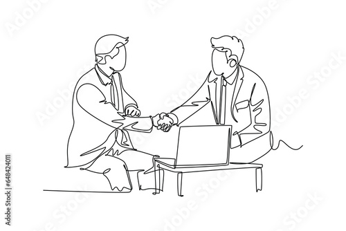 Continuous one line drawing of attractive business men handshake his partner or colleague to deal a project. Business meeting with laptop at office. Single line draw design vector graphic illustration