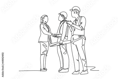 Continuous one line drawing young business woman and architect builder wearing construction vest helmet handshake to deal project. Great teamwork. Single line draw design vector graphic illustration
