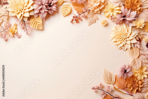 Autumn composition  Frame made of fresh flowers on pastel beige background  Autumn  fall concept  Flat lay  top view  aesthetic look