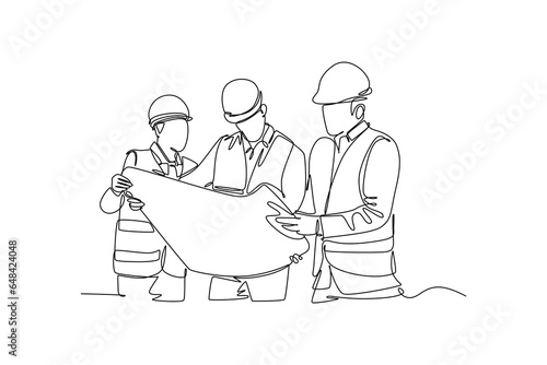 Single continuous line drawing of builder and architect wearing construction vest, helmet looking for building design on blue print together. Great teamwork. One line draw graphic vector illustration