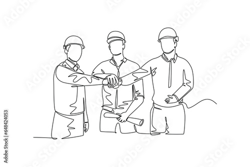 Single continuous line drawing young builder and architect wearing construction vest and helmet handshake joining their hands together. Great teamwork. One line draw graphic design vector illustration