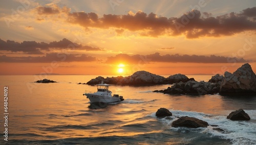 Sunset over the sea. The sun is setting between two rocks in the horizon, with a small motor boat anchored near by
