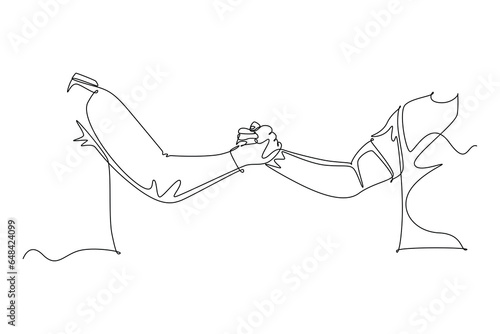 Single continuous line drawing of two men wearing shirt handshaking to show sportsmanship at match field. Teamwork together in sport concept. Dynamic one line draw graphic design vector illustration