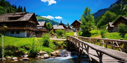 A wooden bridge to an old house over a stream with scenery mountains on a background. Generative AI