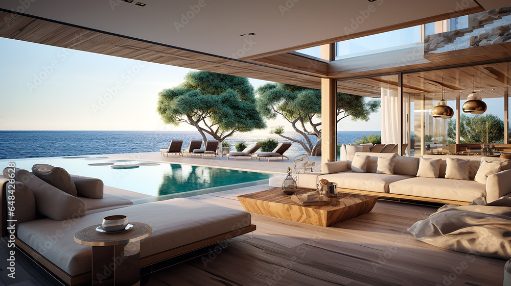 Sea view from the large living room of luxury summer beach house with swimming pool near terrace. Generative AI