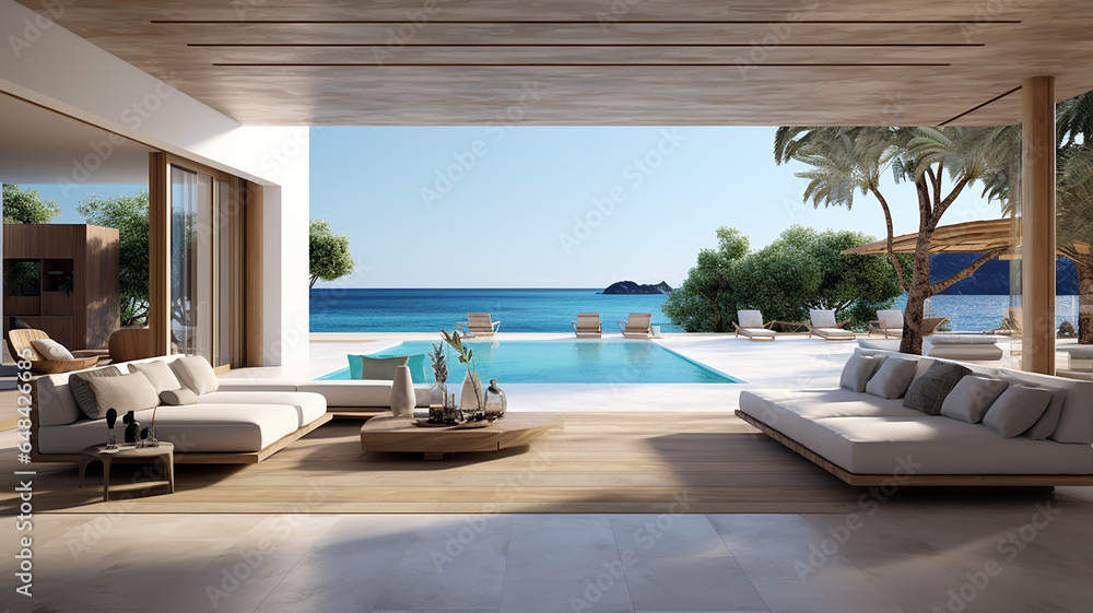 Sea view from the large living room of luxury summer beach house with swimming pool near terrace. Generative AI