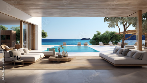 Sea view from the large living room of luxury summer beach house with swimming pool near terrace. Generative AI © Ibnu