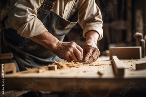 An unrecognizable man worker hands in the carpentry workshop, working with wood