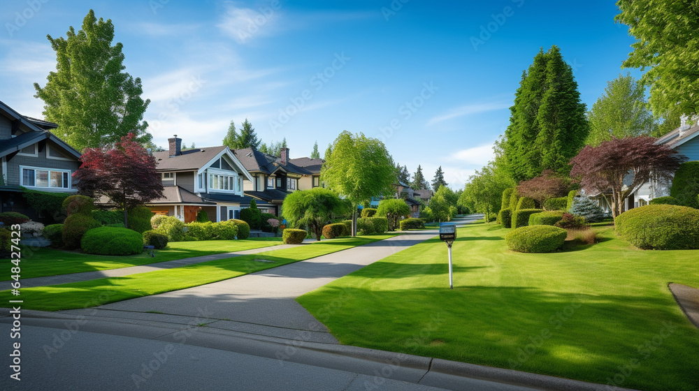 A tranquil suburban neighborhood with lush green lawns and houses, ideal for real estate marketing