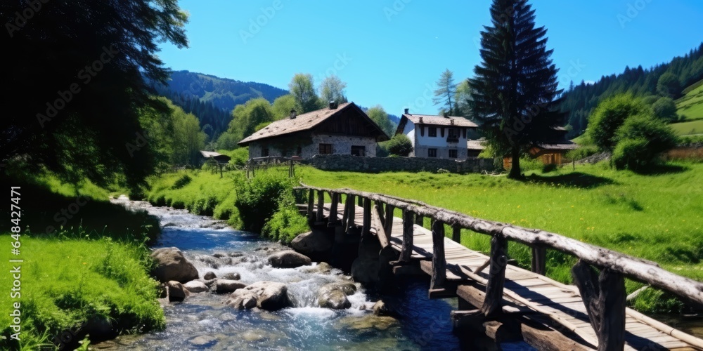 A wooden bridge to an old house over a stream with scenery mountains on a background. Generative AI