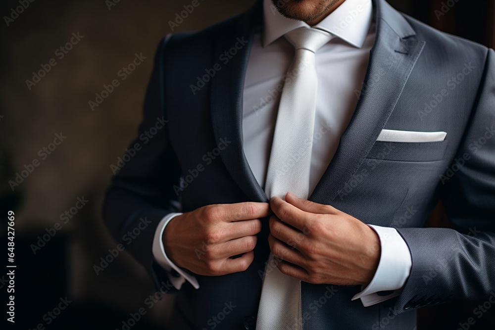 An unrecognizable groom in a shirt is tying a tie, Groom`s accessories