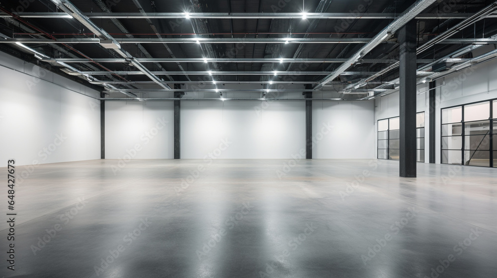 An empty commercial space with an industrial aesthetic, suitable for showcasing retail real estate