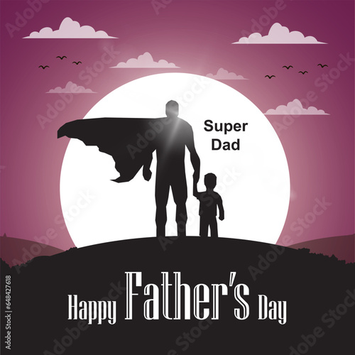 happy father's day with silhouette of super dad and son with moonlight