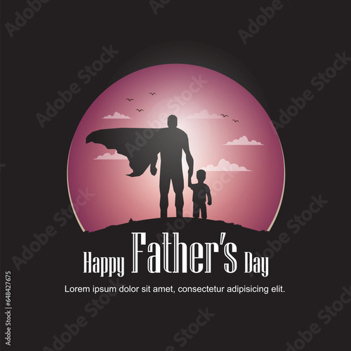 happy father's day with the silhouette of a super dad and son with a purple circle design