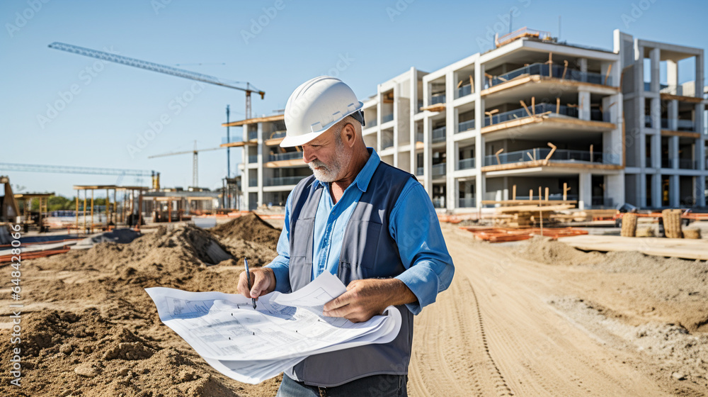 A real estate developer examining a construction site with plans and blueprints A real estate developer examining a construction site with plans and blueprints