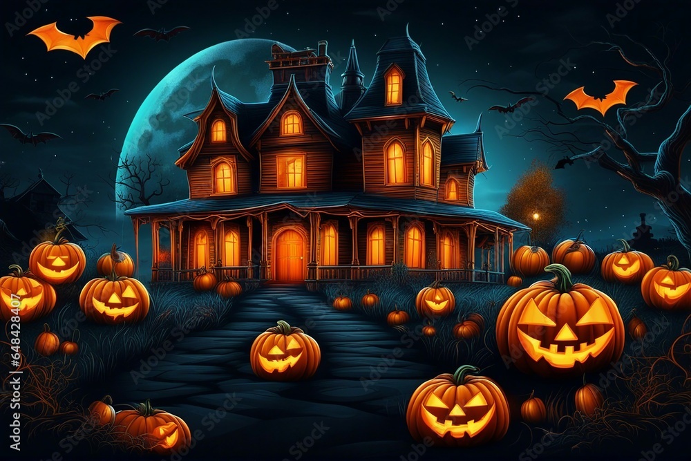 Halloween Full moonlight and haunted house with pumpkins. Witch's house. Halloween concept. Generative AI Halloween Full moonlight and haunted house with pumpkins. Witch's house. Halloween concept. Generative AI