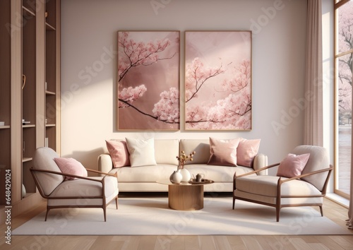 Stylish Living Room Interior with Mockup Frame Poster  Modern interior design  3D render  3D illustration