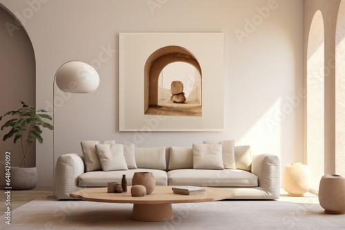 Minimalist home interior design of modern living room. Curved sofa against arched window near beige wall with copy space.
