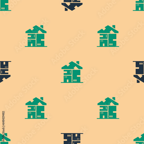 Green and black Homeless cardboard house icon isolated seamless pattern on beige background. Vector