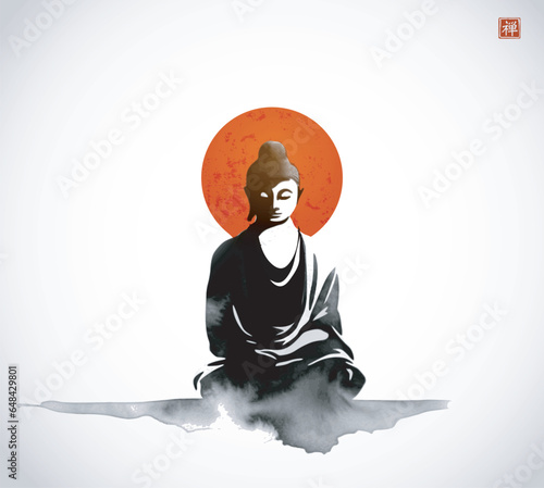 Ink wash painting of Buddha in meditation and big red sun. Traditional oriental ink painting sumi-e, u-sin, go-hua. Translation of hieroglyph - zen