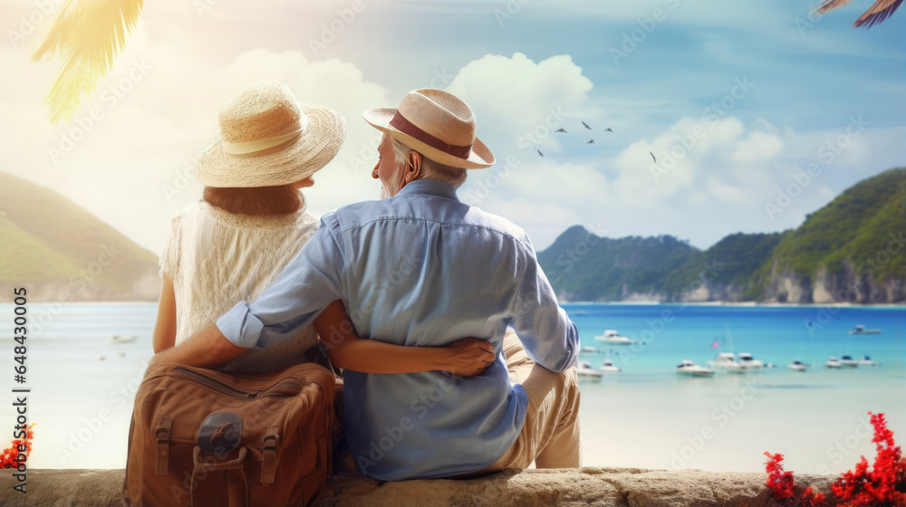 Love by the sea: an affectionate senior couple, gazing at the ocean, cherishing timeless moments. Generative ai.