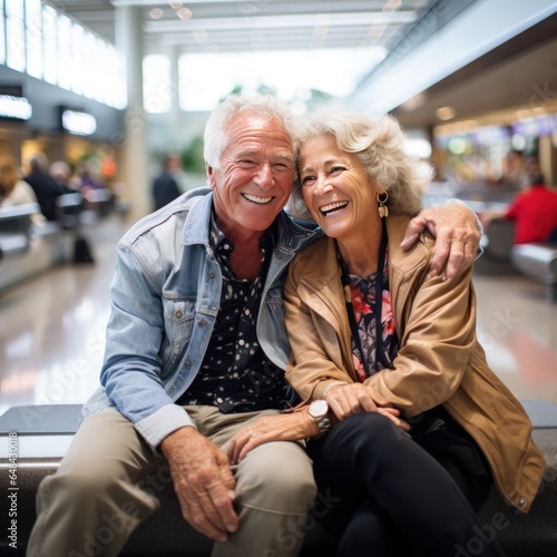 A senior duo's warm hug at the airport tells the story of their adventurous senior travel experiences and cultural immersion. Generative ai