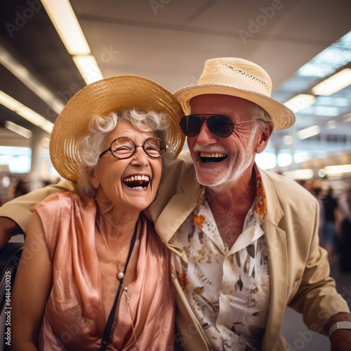 In the airport, a content elderly couple shares a heartfelt embrace, symbolizing their senior travel journey and global adventures. Generative ai.