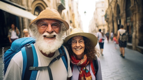Cityscape stroll: senior travelers embracing local culture, amidst iconic landmarks. Generative ai. © makstorm