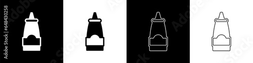 Set Sauce bottle icon isolated on black and white background. Ketchup, mustard and mayonnaise bottles with sauce for fast food. Vector