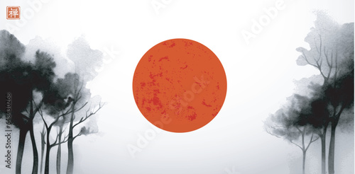 Minimalist landscape with forest trees and big red sun. Traditional oriental ink painting sumi-e, u-sin, go-hua. Translation of hieroglyph - zen.