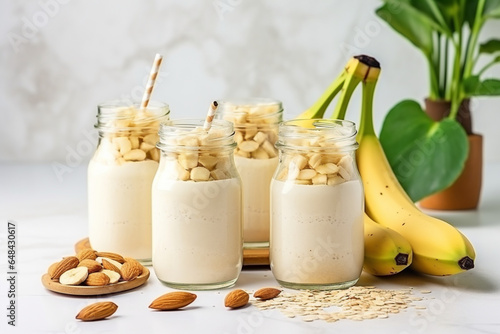 Almond banana smoothie with oat flakes in glass jars at white stone table, Top view, aesthetic look