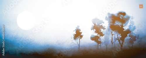 Minimalist ink wash painting of blue misty trees. Traditional Japanese ink wash painting sumi-e. Translation of hieroglyph - zen