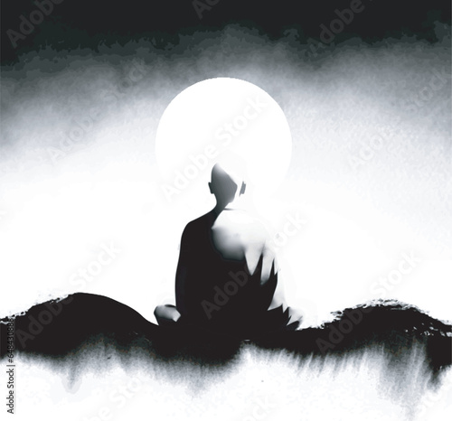 Ink painting of meditating buddhist monk, view from the back. Traditional oriental ink painting sumi-e, u-sin, go-hua.
