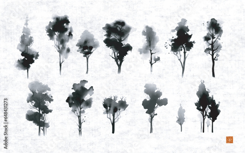 Ink wash painting of trees on rice paper background. Traditional Japanese ink wash painting sumi-e. Translation of hieroglyph - prosperity
