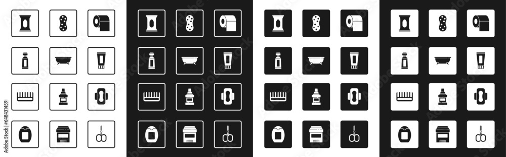 Set Toilet paper roll, Bathtub, Tube of toothpaste, Wet wipe pack, Sponge, Sanitary napkin and Hairbrush icon. Vector Set Toilet paper roll, Bathtub, Tube of toothpaste, Wet wipe pack, Sponge, Sanitary napkin and Hairbrush icon. Vector