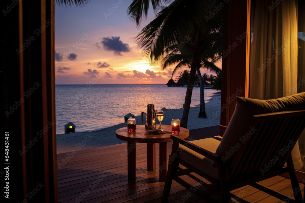 View from the oceanfront hotel. Romantic evening on a paradise tourist island