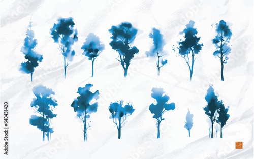 Ink wash painting of blue trees on white paper background. Traditional Japanese ink wash painting sumi-e. Translation of hieroglyph - prosperity.