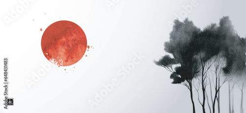 Minimalist  landscape with misty black trees and big red sun. Traditional oriental ink painting sumi-e, u-sin, go-hua. Translation of hieroglyph - eternity