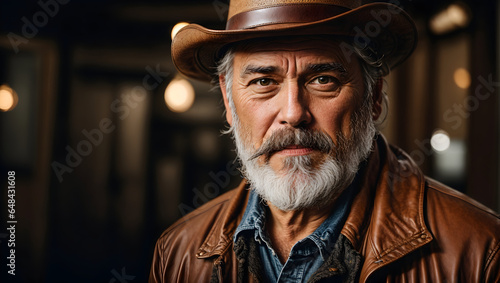 portrait of a bearded middle-aged man with a leather cowboy hat