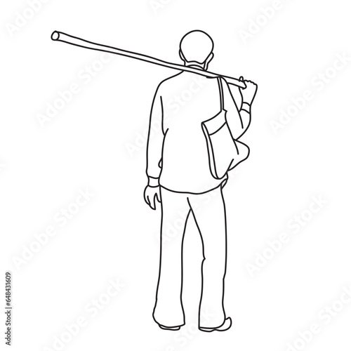 Indian village man outline drawing on white background. 