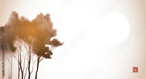 Minimalist landscape with misty trees in vintage style Traditional oriental ink painting sumi-e, u-sin, go-hua. Translation of hieroglyph - eternity