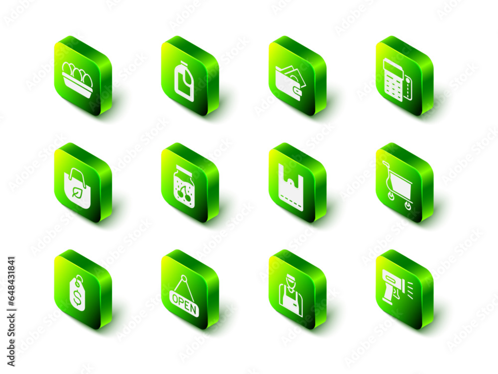 Set Bottle for cleaning agent, Wallet with money, POS terminal credit card, Shopping cart, Scanner scanning bar code, Paper shopping bag, Seller and Hanging sign Open icon. Vector Set Bottle for cleaning agent, Wallet with money, POS terminal credit card, Shopping cart, Scanner scanning bar code, Paper shopping bag, Seller and Hanging sign Open icon. Vector