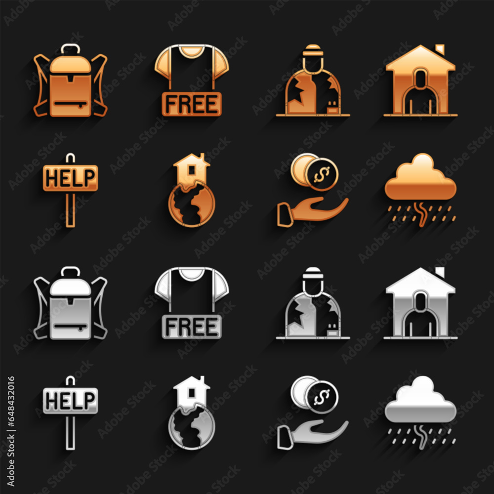 Set Shelter for homeless, Cloud with rain, Donation hand money, Ask help text, Homeless, Hiking backpack and Clothes donation icon. Vector Set Shelter for homeless, Cloud with rain, Donation hand money, Ask help text, Homeless, Hiking backpack and Clothes donation icon. Vector