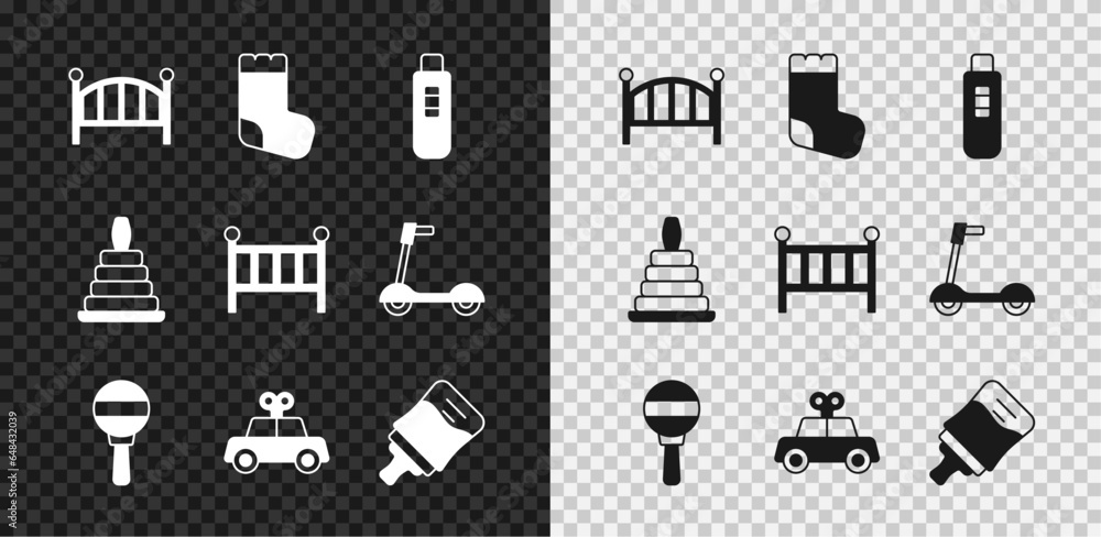 Set Baby crib cradle bed, socks, Pregnancy test, Rattle baby toy, Toy car, bottle, Pyramid and icon. Vector - obrazy, fototapety, plakaty 
