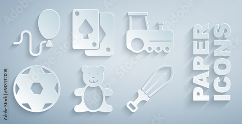 Set Teddy bear plush toy, Toy train, Soccer football ball, Sword, Playing cards and Balloons icon. Vector