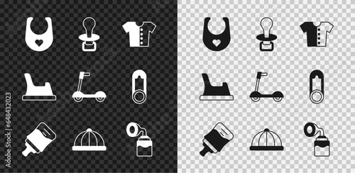 Set Baby bib, dummy pacifier, t-shirt, bottle, hat, Breast pump, potty and Roller scooter icon. Vector