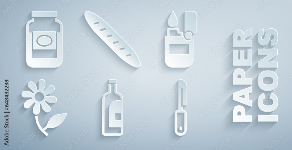 Set Bottle of wine, Lighter, Flower, Knife, French baguette bread and Jam jar icon. Vector Set Bottle of wine, Lighter, Flower, Knife, French baguette bread and Jam jar icon. Vector