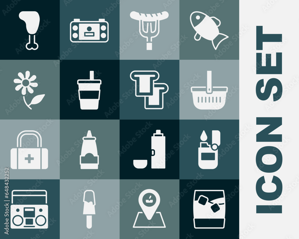 Set Glass of whiskey with ice, Lighter, Picnic basket, Sausage on the fork, Paper glass water, Flower, Chicken leg and Bread toast icon. Vector