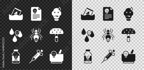 Set Radioactive waste in barrel, Radiation warning document, Man poisoning, Poisoned pill, Syringe, Mortar and pestle, Acid rain and Poisonous spider icon. Vector